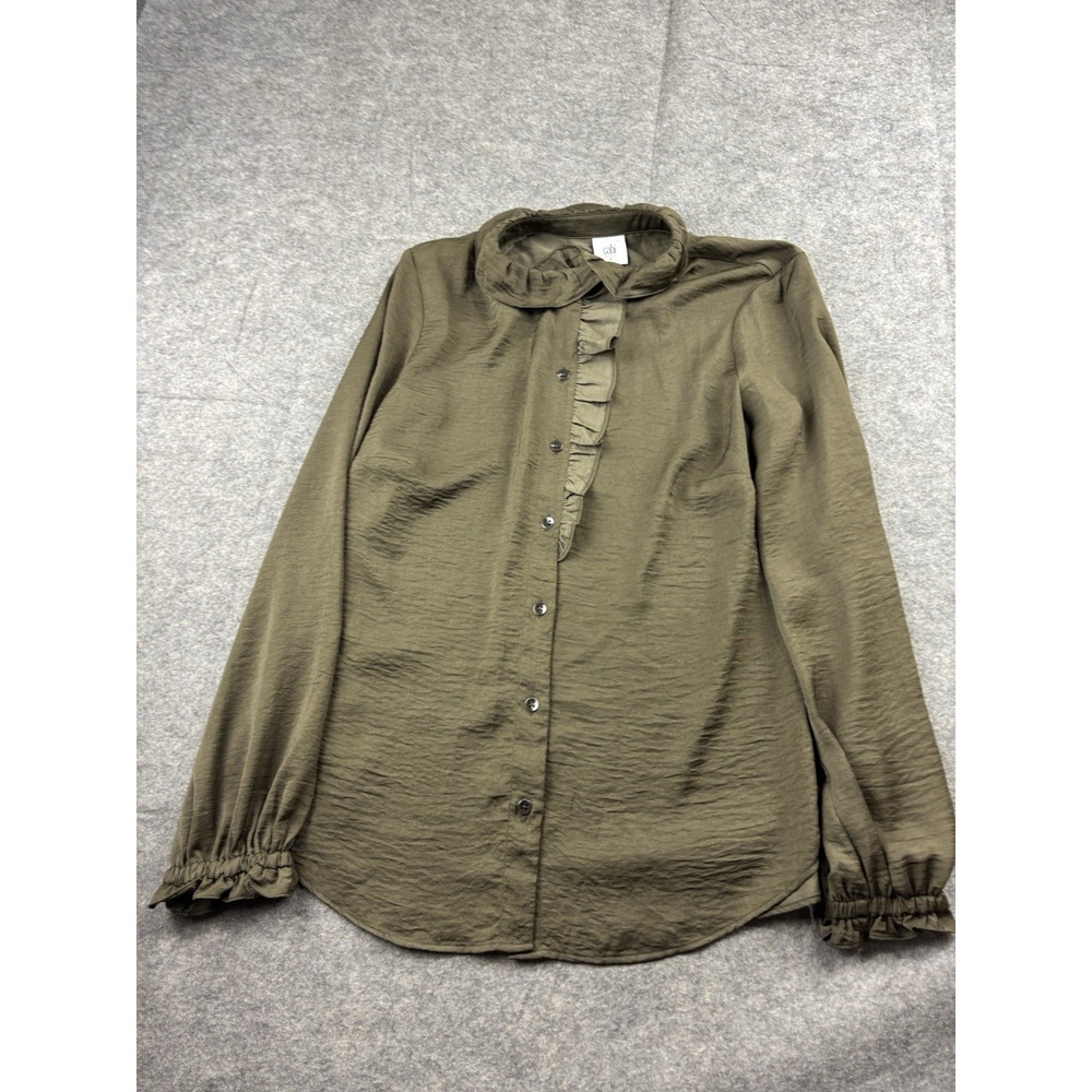 Cabi The Icon Blouse Satin Olive Green Ruffle Button Down Long Sleeve Women's S